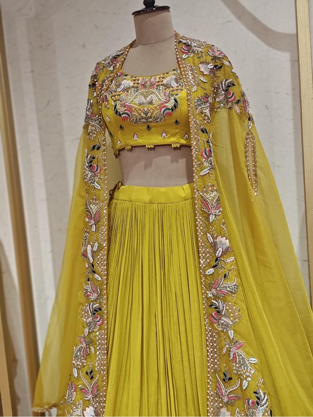 Embroidered Mustard Yellow Pleated Skirt with Matching Crop Top & Cape